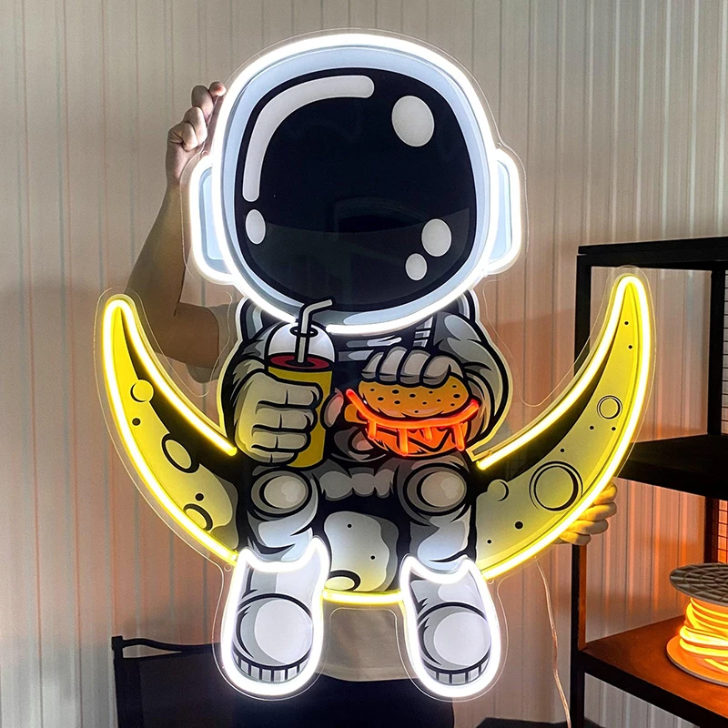 Imagem -02 - Astronauta Comer Hamburger Led Neon Acrílico Arte Sinais de Néon Personalizados para Sala de Estar Quarto Wall Decor Lights