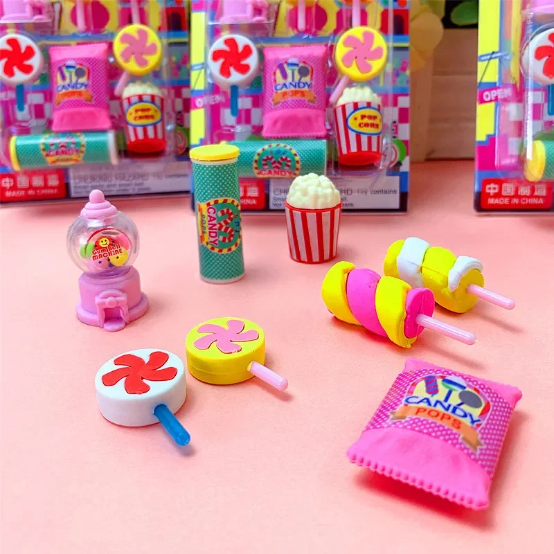 1 Pcs Cute Pupils' Stationery Cartoon Popular Candy Eraser Raffle Machine French Fries Lollipop Shape