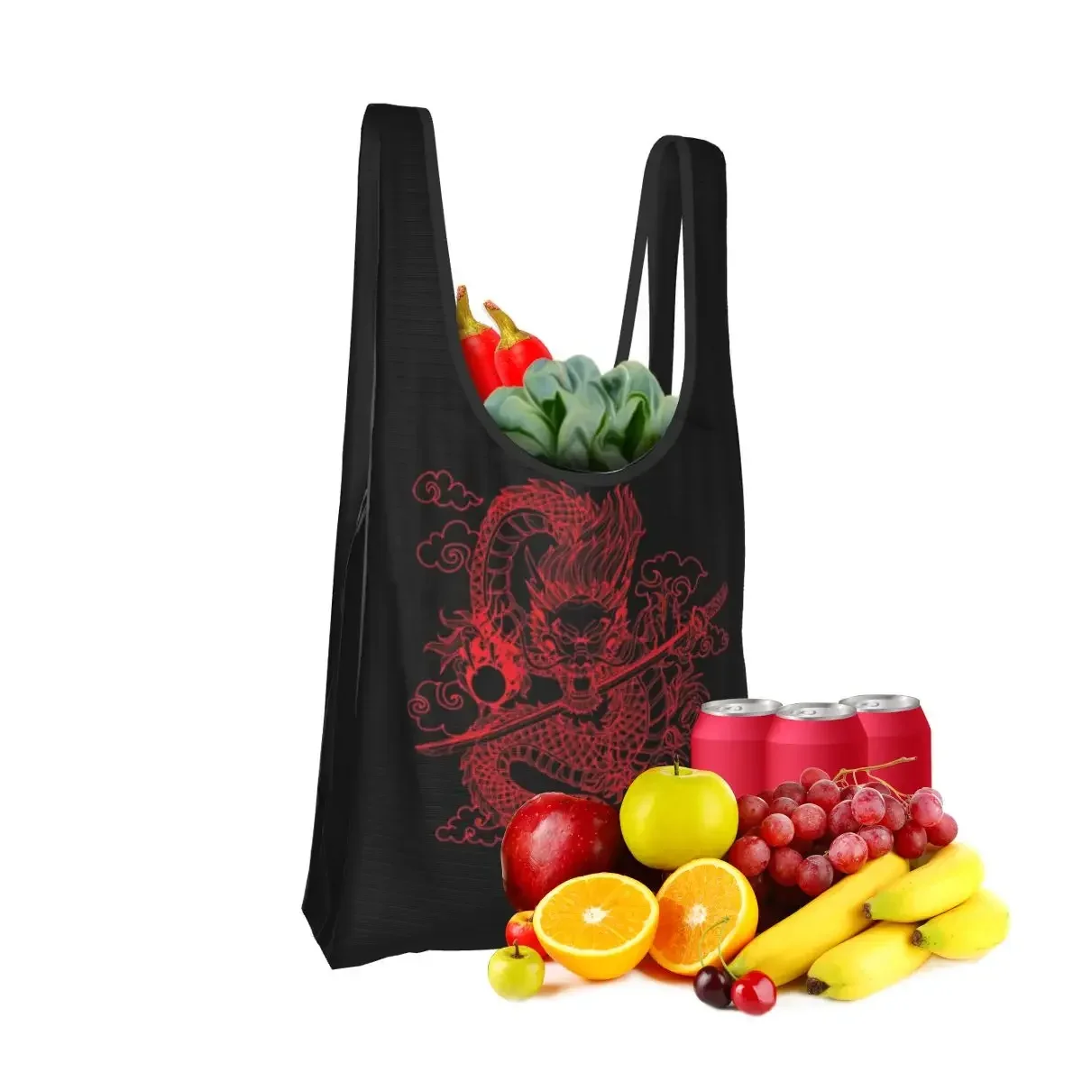 Red Chinese Dragon With Black Background Portable Tote Shopping Bags Large Capacity Shopper Bag Grocery Handbag Shoulder Bag
