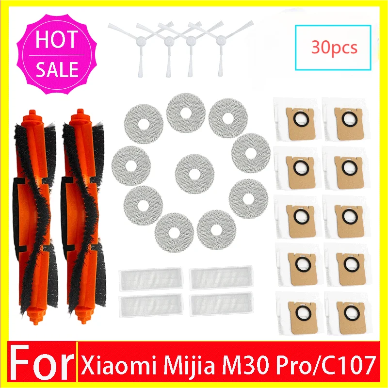 Accessoires voor de Xiaomi Mijia M30 Pro C107: vervangende borstel, zijborstel, HEPA-filter, dweilpad, stofzak, dweilhouder en reserveonderdelen.
