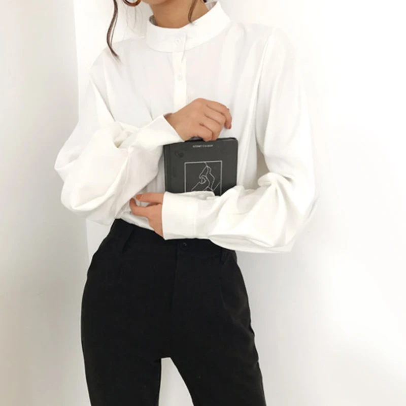 Lantern Sleeve Women Black Shirts Korean Retro Casual Loose Long Sleeve Tops Y2K Fashion All Match Office Ladies Blouse