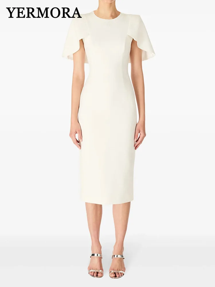 

YERMORA Women White Back Zipper Wraps Elegant Dress Round Collar Short Sleeve Loose New Fashion Tide Spring Summer 2025