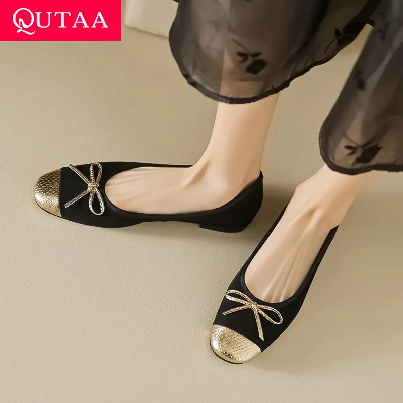 

QUTAA 2023 новости, женские туфли на плоской подошве, балетки из натуральной кожи с квадратным носком, модные повседневные вечерние туфли с бантом, модельные женские туфли на каблуке, размеры 34-40