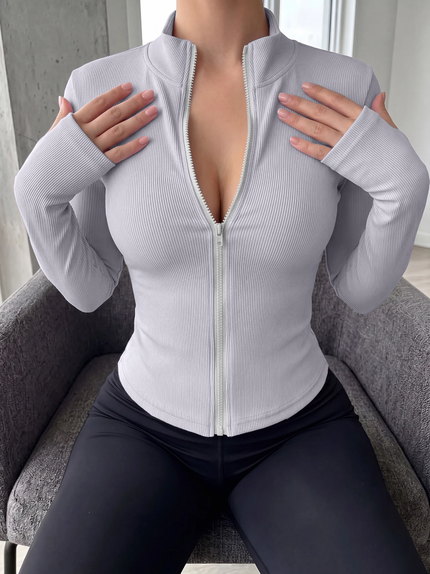 Women Long Sleeve Stand Collar Zip Up Outerwear Ribbed Slim Fit Cropped Casual Street Style Top