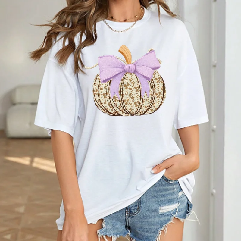 

Women's Casual Bowknot Pumpkin Flower Print T-Shirt Cotton Round Neck Short Sleeve Top Tees Cartoon Pattern Aesthetic Clothes