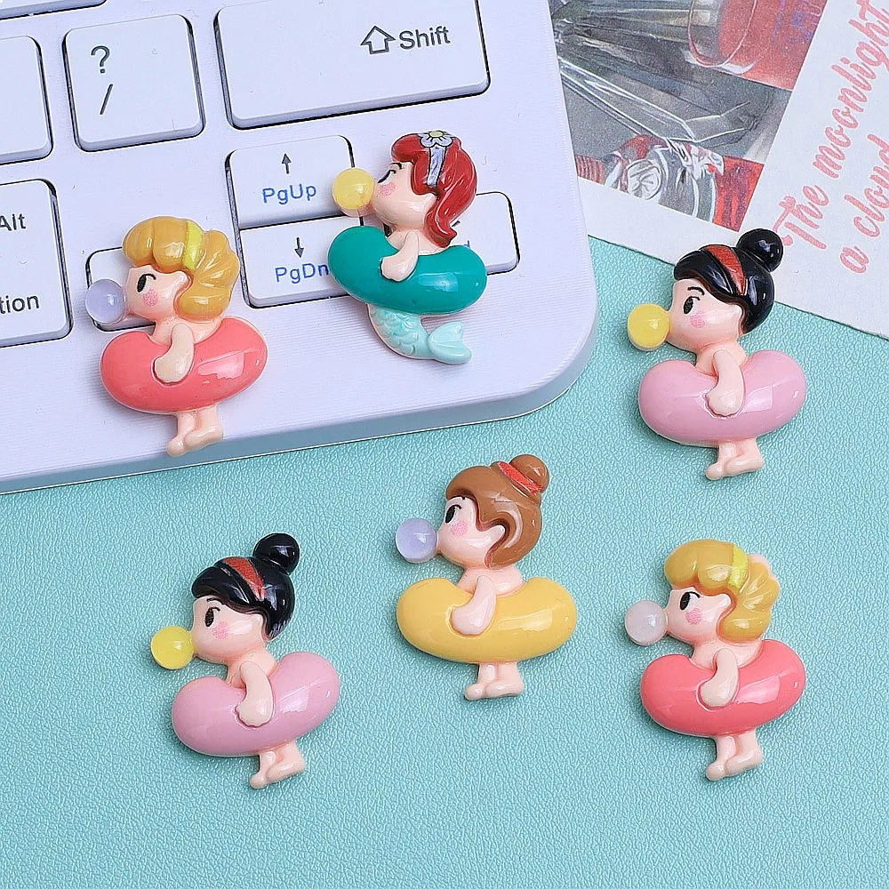 100pcs Cute Swimming Ring Girl Resin Flatback Cabochon DIY Accessories for Phone Case Hairpin Keychain Earrings Scrapbook Decor