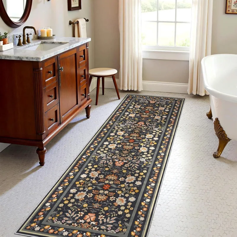 VIKAMA Teal Vintage Oriental Runner Rug, Non‑Slip Washable Waterproof Hallway Entryway Indoor Floor Mat Decor