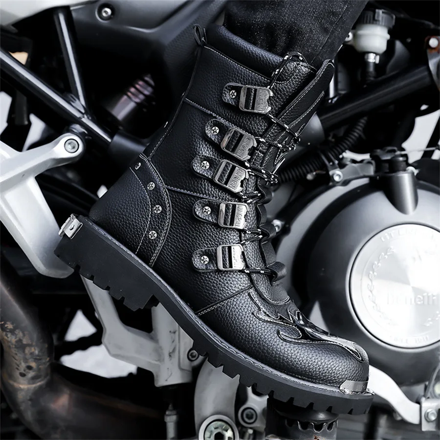 Men Motorcycle Combat Boots High Top Metal Buckle Rivet Decor Metal Toe Cap Thick Non‑Slip Sole Rock Punk Casual Male Footwear