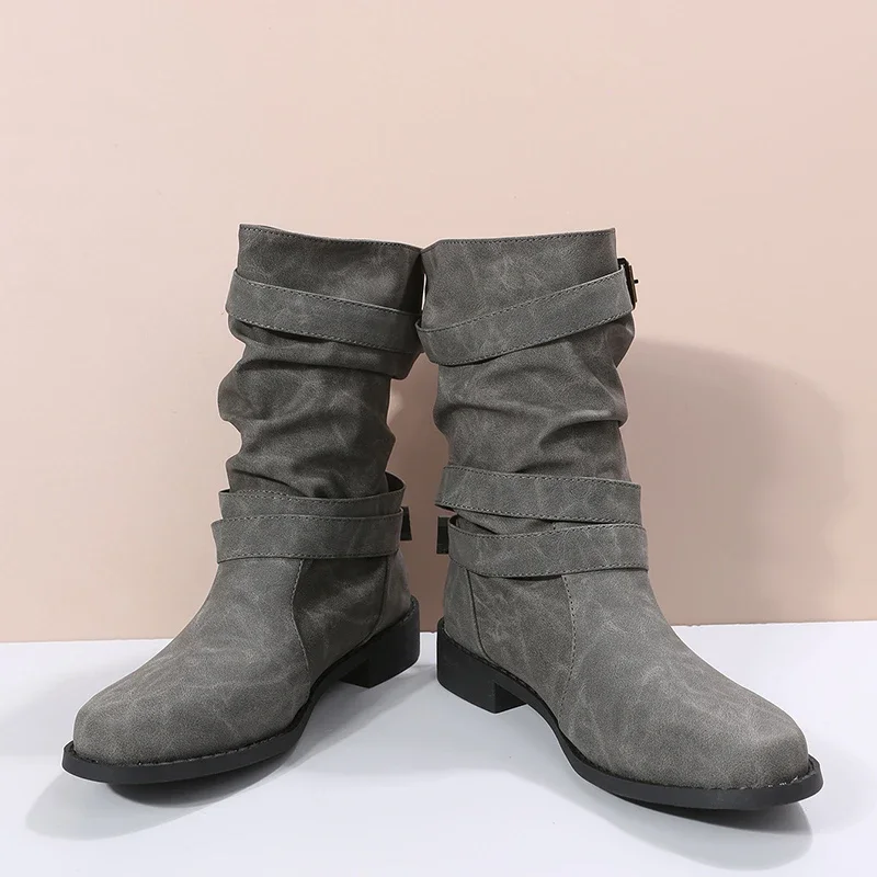 Women's Single Boots New Vintage Buffed Leather Cowhide Buckle Knight Boots Casual Height-raising Non-slip Fashion Boots