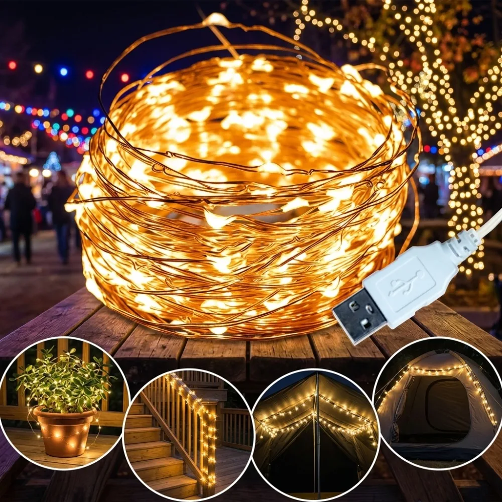 USB Copper Wire Lights Warm White for Christmas Weddings Parties Homes Windows Balconies Yards Gardens Patios Festive Decoration