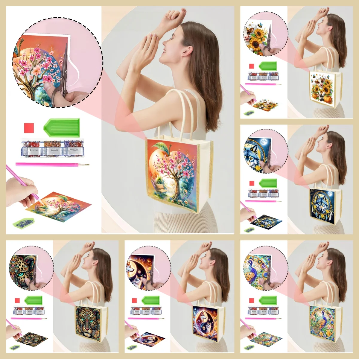 

1 шт. сумка для хранения вещей с алмазной вышивкой в виде животных, из холщовой ткани, подходит для женских сумок для покупок.