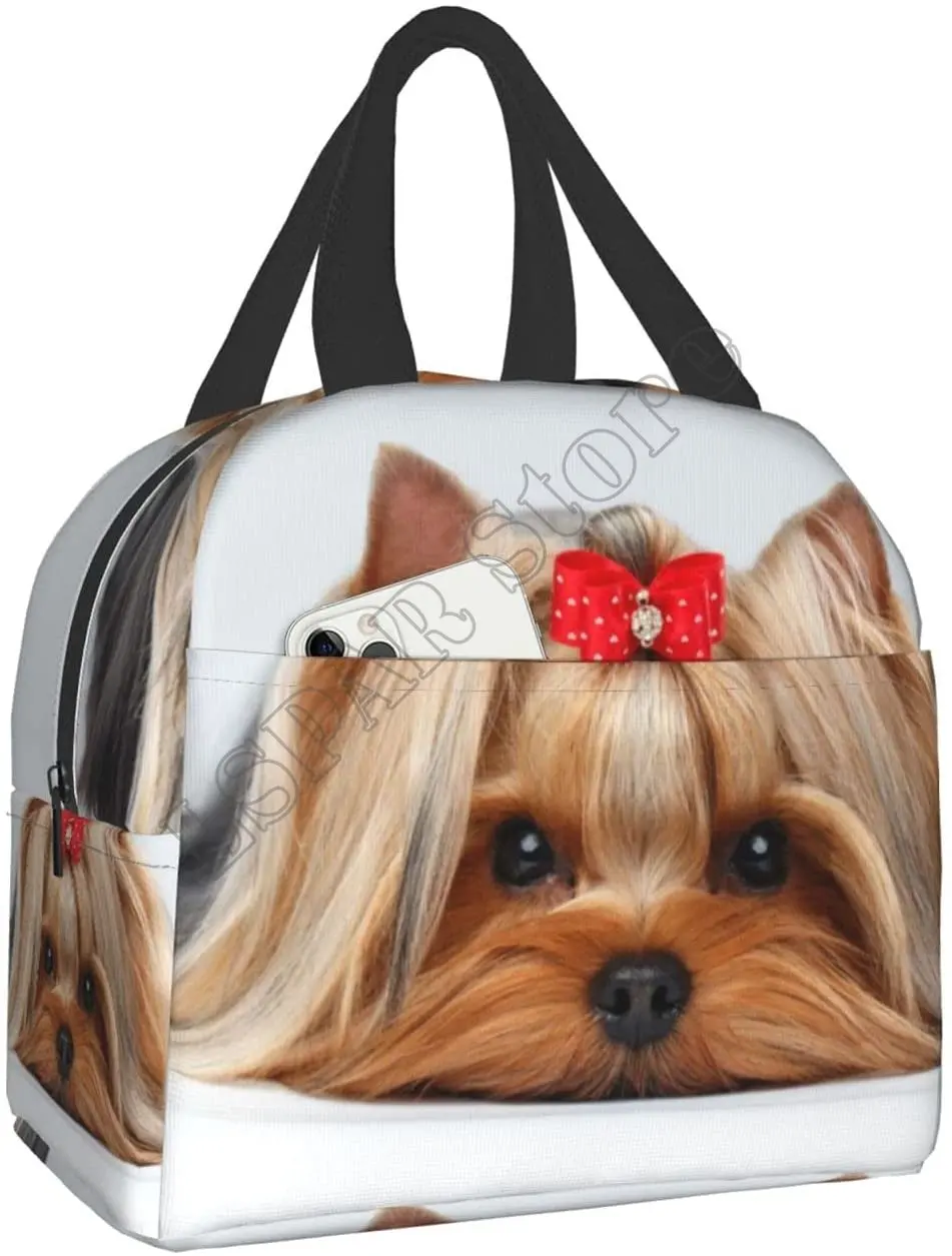 Cute Ribbon Yorkie Love Dog Lunch Bags for Women Boy Girl Reusable Insulated Lunch Box Suitable Travel Work Picnic Beach Office