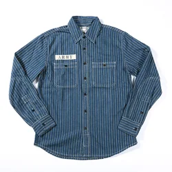 Vertical Stripe Denim Work Shirt for Men Long Sleeve Heavy Weight Vintage American Casual ARMY Military Male Workwear Tops