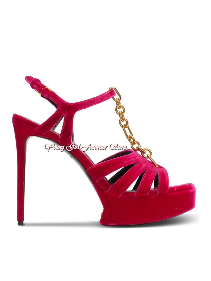 Claret Velvet Fabric Metal Chain Decorative Luxurious Sandals Water Proof Platform Stilettos Banquet Women's Shoes Bestselling