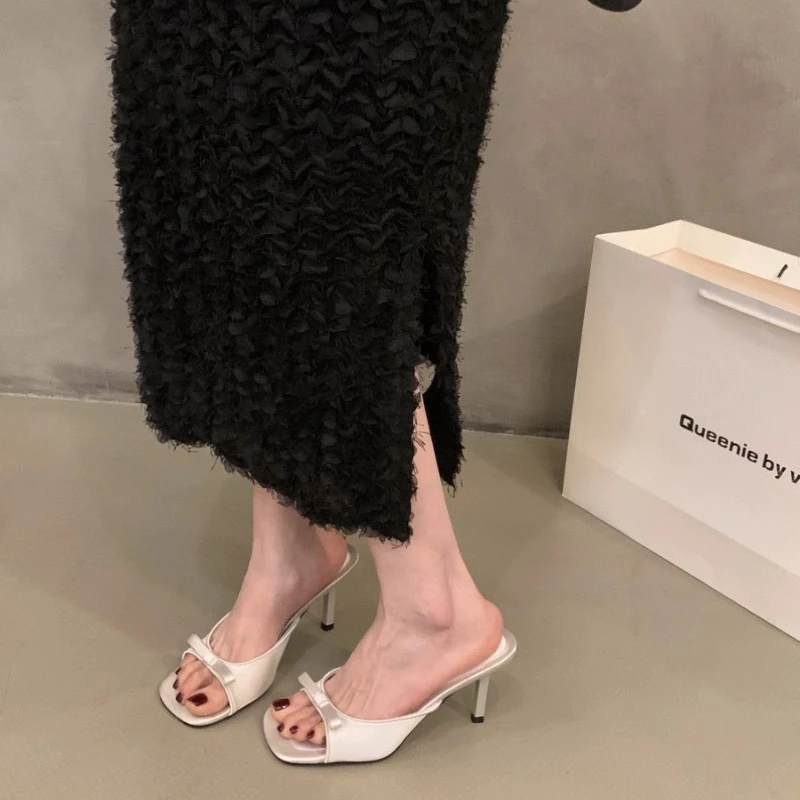 Slipper Mules Low High Heels Shoes 2024 Summer Best Street Look Females Square Head Open Toe Bow Strappy Sandals Women