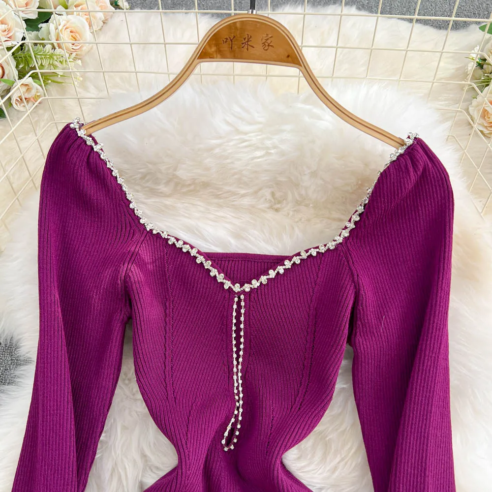 Chic Rhinestone Slim Backless Square Neck Knit Pencil Dress High Street Vintage Evening Korean Sexy Women Autumn Winter Clothing