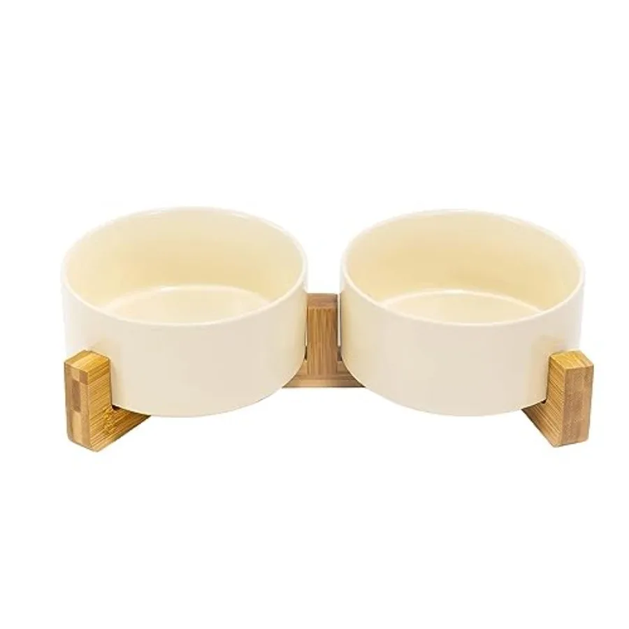 

Ceramic Dog and Cat Bowl Set with Wooden Stand, Modern Cute Weighted Food Water Set for Small Size Dogs 13.OZ and Medium Sized