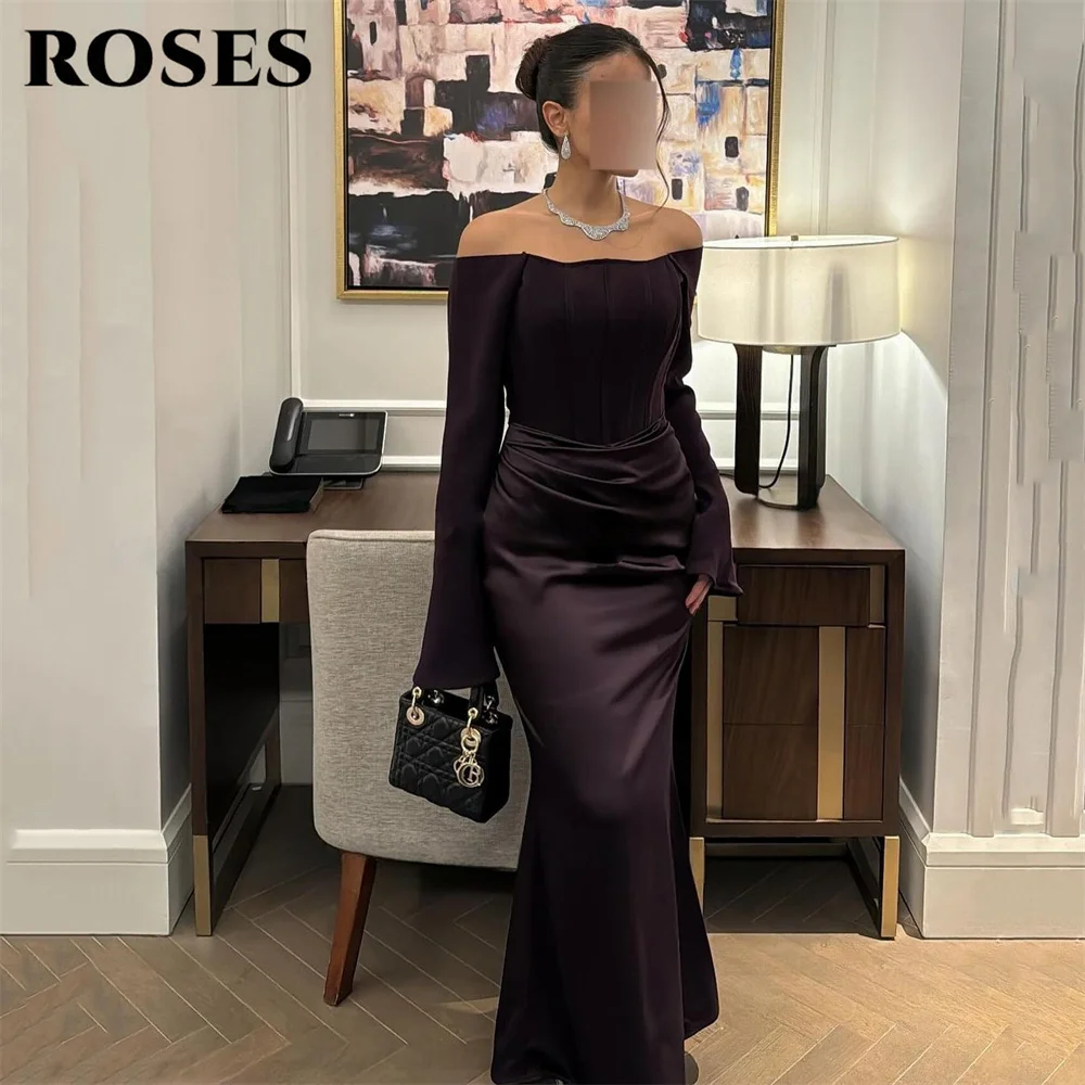 

ROSES Deep Purple Night Dress Off The Shoulder Mermaid Party Dresses with Corset - style Bodice and Flared Sleeves Customized
