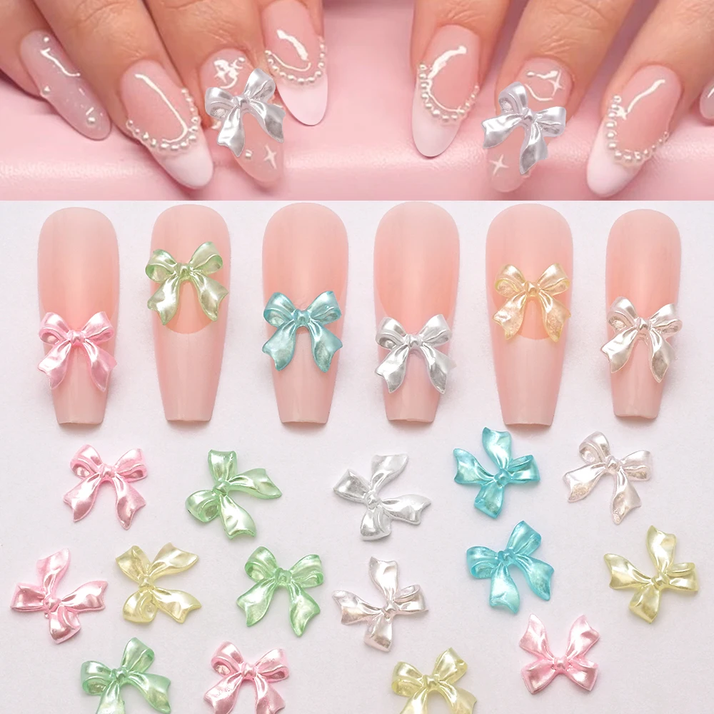 100Pcs 3D Pearl Color Bow-Knot Nail Art Charms Cute Resin Pearl White Ribbon Bow Nail Rhinestones Bow Designs Nail Art Supplies