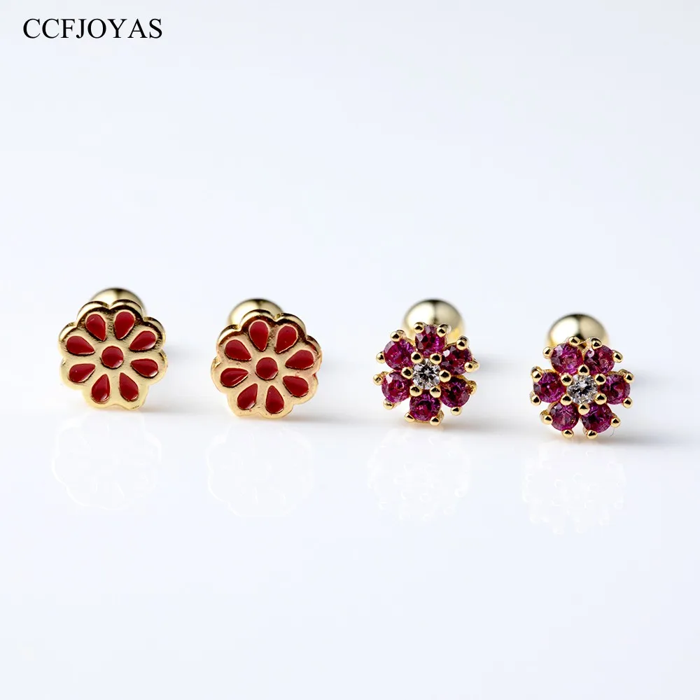 

CCFJOYAS Real 925 Sterling Silver Flower Stud Earrings for Women Piercing Red Zircon Clips Stackable Earrings Fine Jewelry 2023