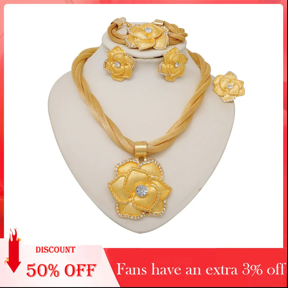 

Women Gold Color Flower Pendant Necklace Earrings Bangle Ring Jewelry Set Fashion Design Dubai Party Jewelry Holiday Gift