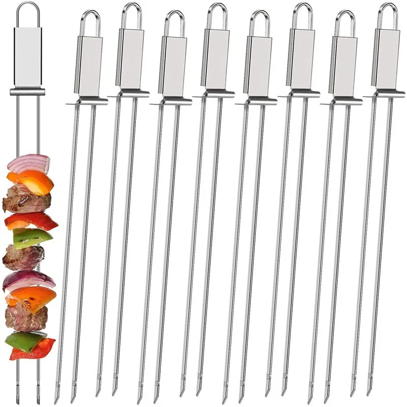 Tenedor de barbacoa semiautomático, herramientas para barbacoa, portátil, para acampar al aire libre, Picnic, equipo de tenedor para barbacoa de 2 cabezales, tenedores con brochetas de Metal, 2-6 uds.