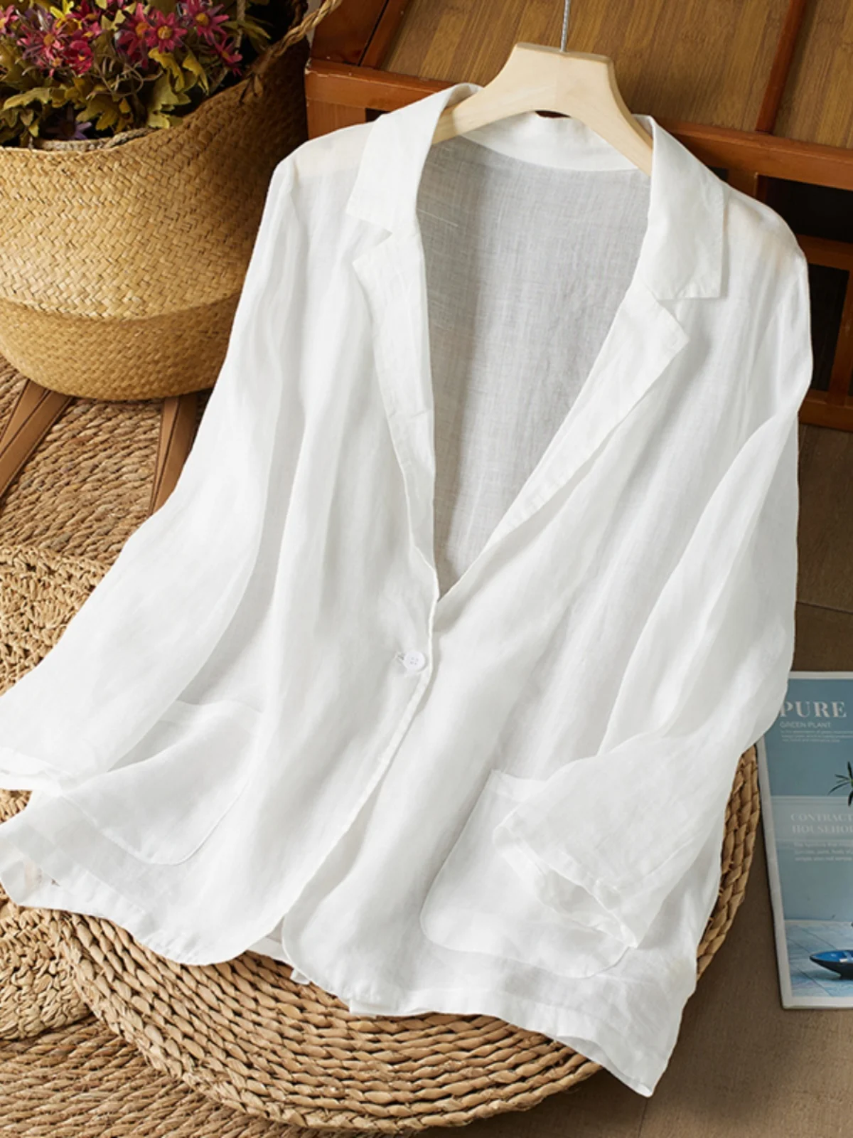 예술적 순수 컬러 린넨 얇은 겉옷 긴 소매 여성용 루즈핏 가디건 봄 가을 탑 자외선 차단 셔츠