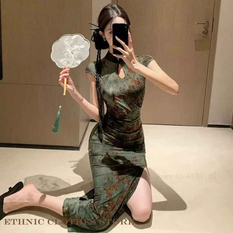 Chinese Qipao Dress Vintage Green Floral Bodycon Cheongsam Sexy Improved Chinese Dress Female Vestidos Evening Party Dress