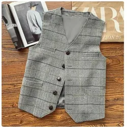 British Vintage Grid Vest Plaid Men's Slim Suit Vests Woolen Cloth Herringbone Men Male Tweed Suits Waistcoat Plus Size XXXXL