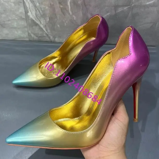 Design Women Bright Gradient Color Pointed Toe Stiletto High Heels Sexy Lady High Heel Pointy Shining Fade Color Stilettos
