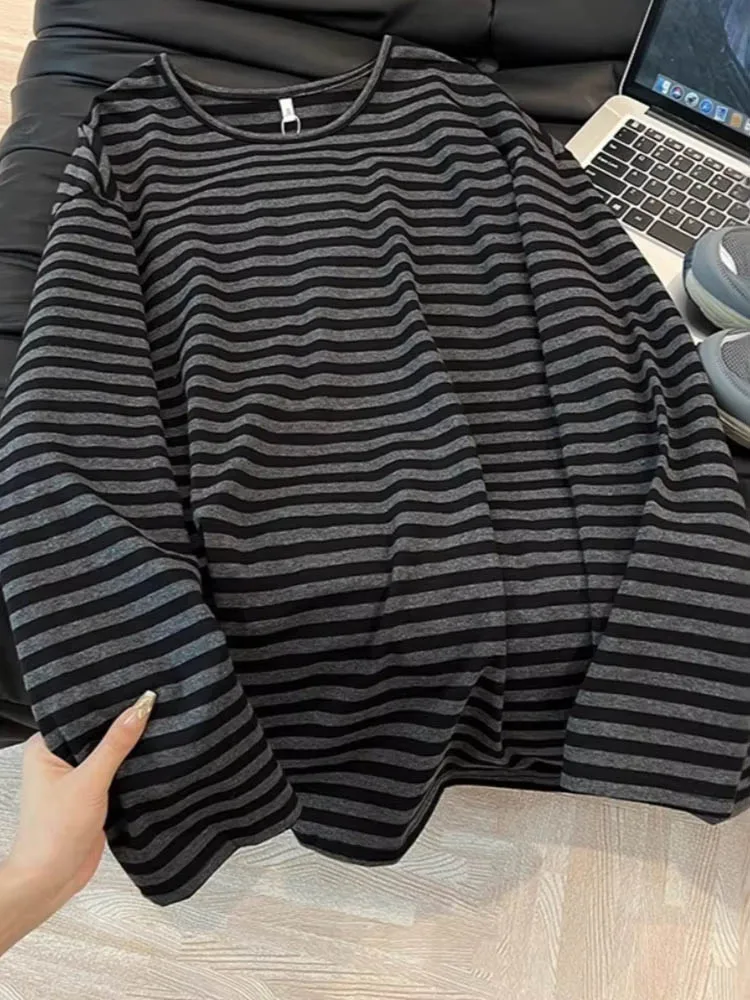 Y2k Aesthetic Vintage Stripe Casual T-shirt Women Streetwear Contrast Color Grunge Tshirts 2026 Harajuku Autumn Oversize Tees