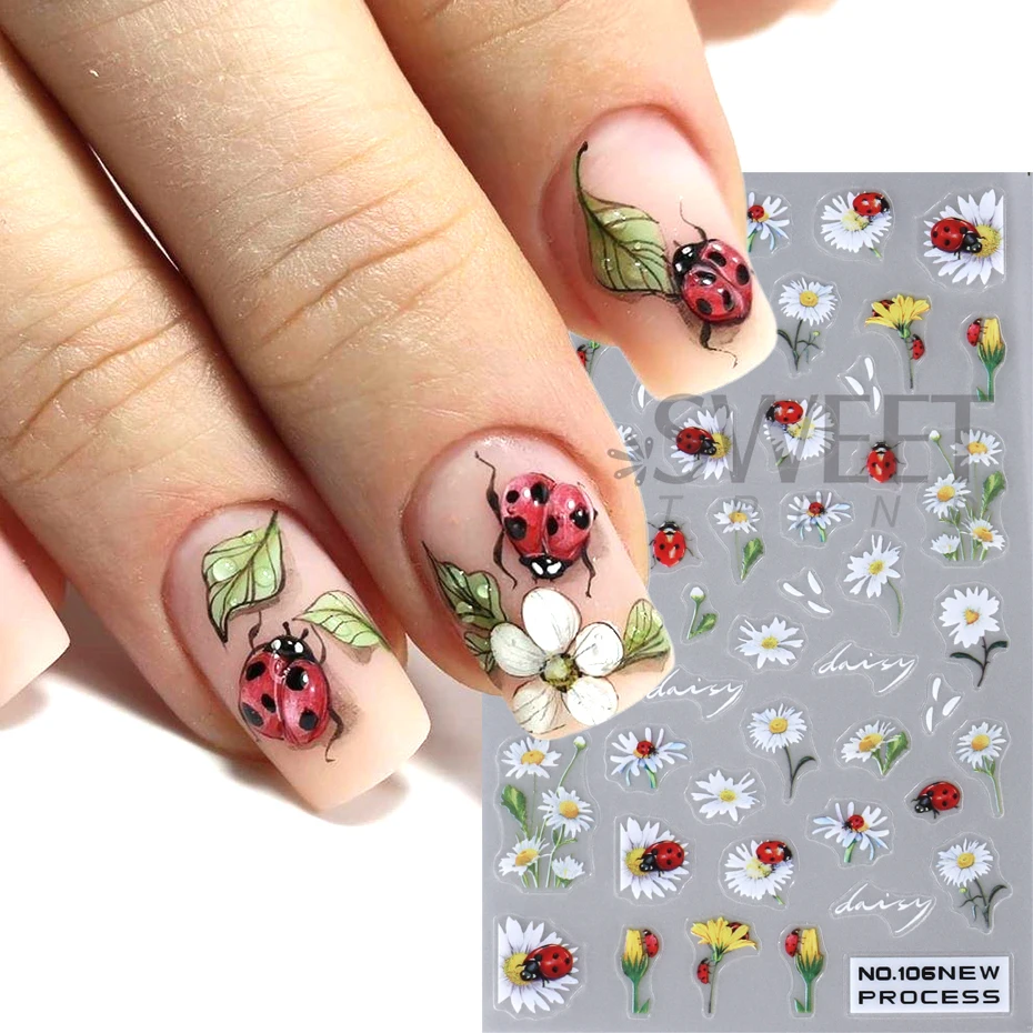 Bee Ladybug Nail Art Stickers 3D Autumn Leaves Daisy Florals Slider Cute Animal Bird Decal Manicure Decoration Nails Tips Beauty