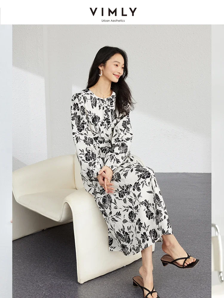 VIMLY Women\'s Elegant Tea Break French Style Dress Autumn New O-Neck Long-Sleeved Cotton Floral Dress Commuter Casual Dress