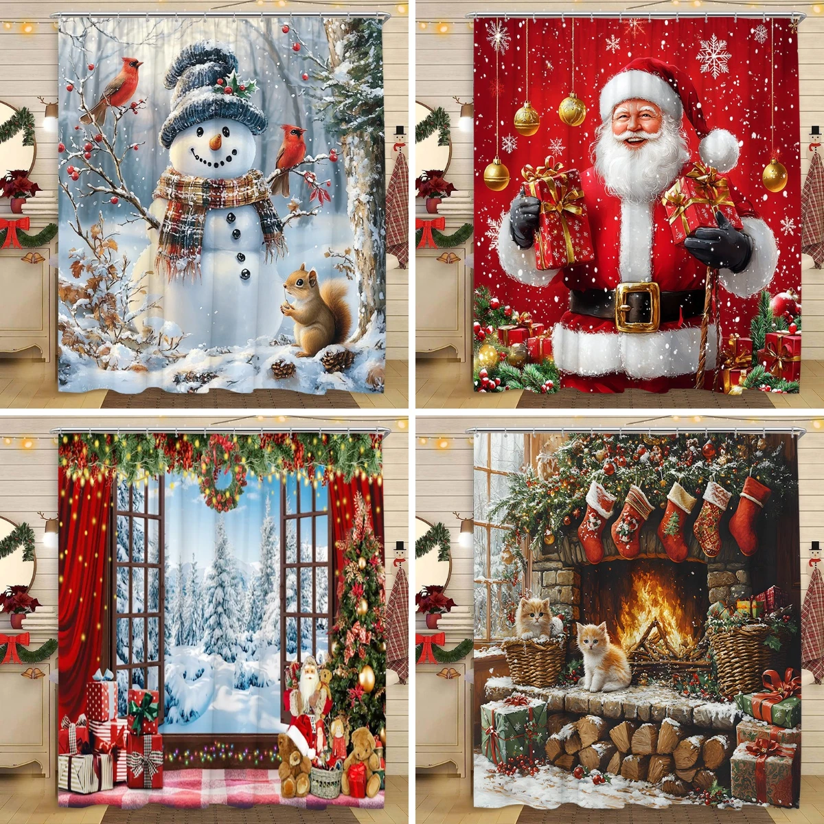

Christmas Shower Curtain Snowman Santa Claus Winter Snow Scene Christmas Gift Polyester Fabric Shower Curtains Bathroom Decor