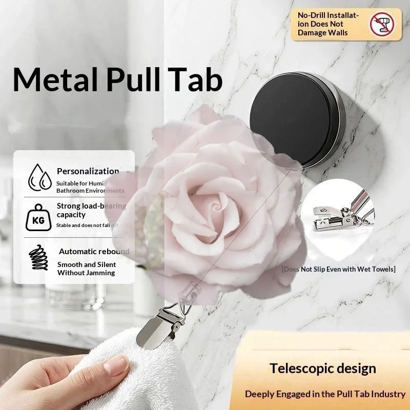 Auto Retractable Towel Rack No Punching Self Adhesive Strong Clip Compact Towel Holder for Small Bathroom Studio Apartment