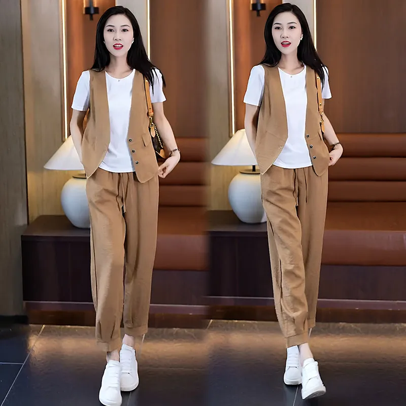 

Casual Sportswear Set Women Summer 2026 Fashion Loose Splicing Short Sleeve Tank Top Nine-Piece Pants Three-Piece Set