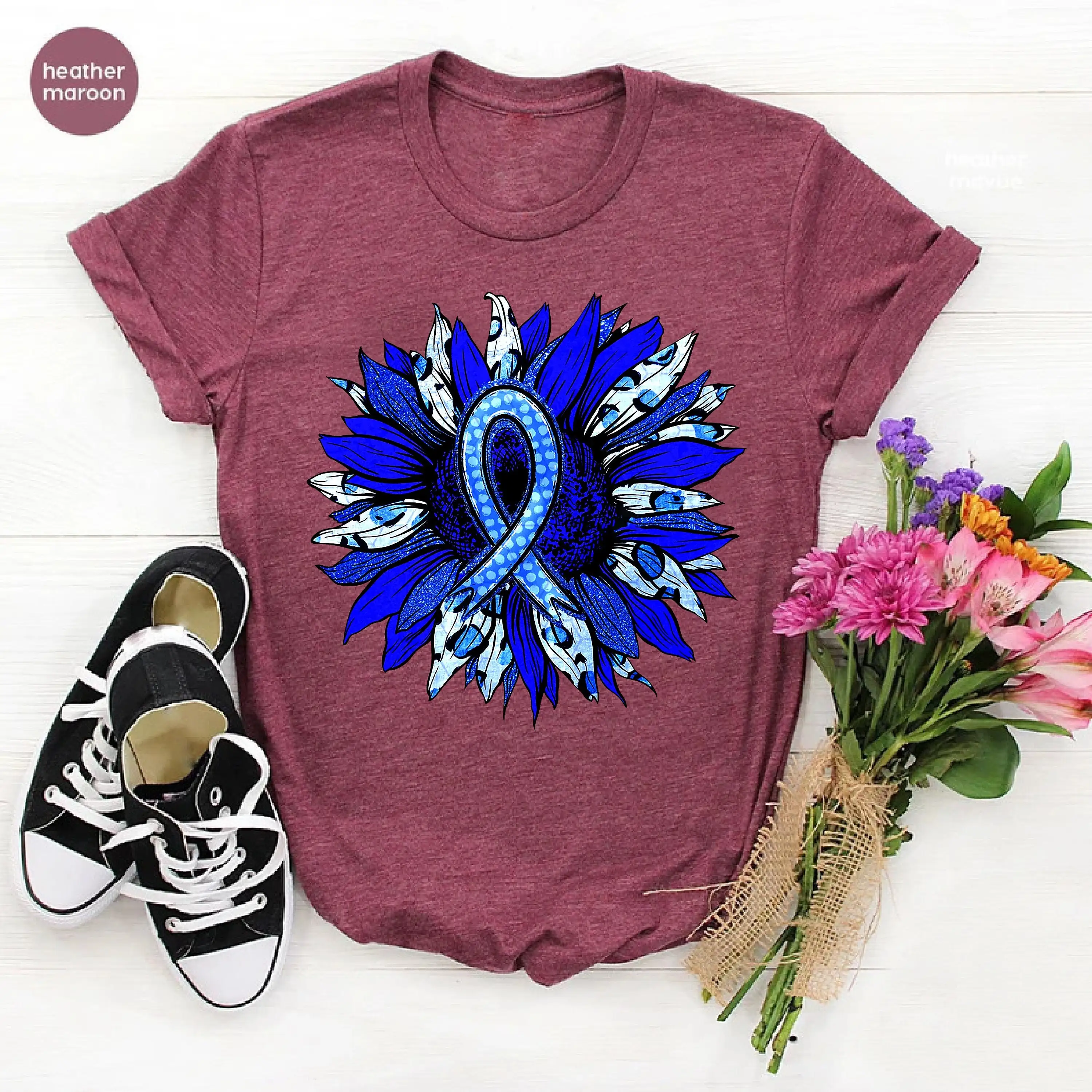 Colon Cancer Blue Ribbon T Shirt Floral Awareness Design SupporT Symbol Survivor