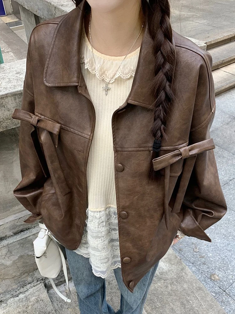 سترات نسائية كلاسيكية بفيونكة حلوة معطف فضفاض بنمط بريبي للخريف والشتاء الأمريكي معطف ريترو غير رسمي لسائقي الدراجات النارية للسيدات كل مباراة هاراجوكو