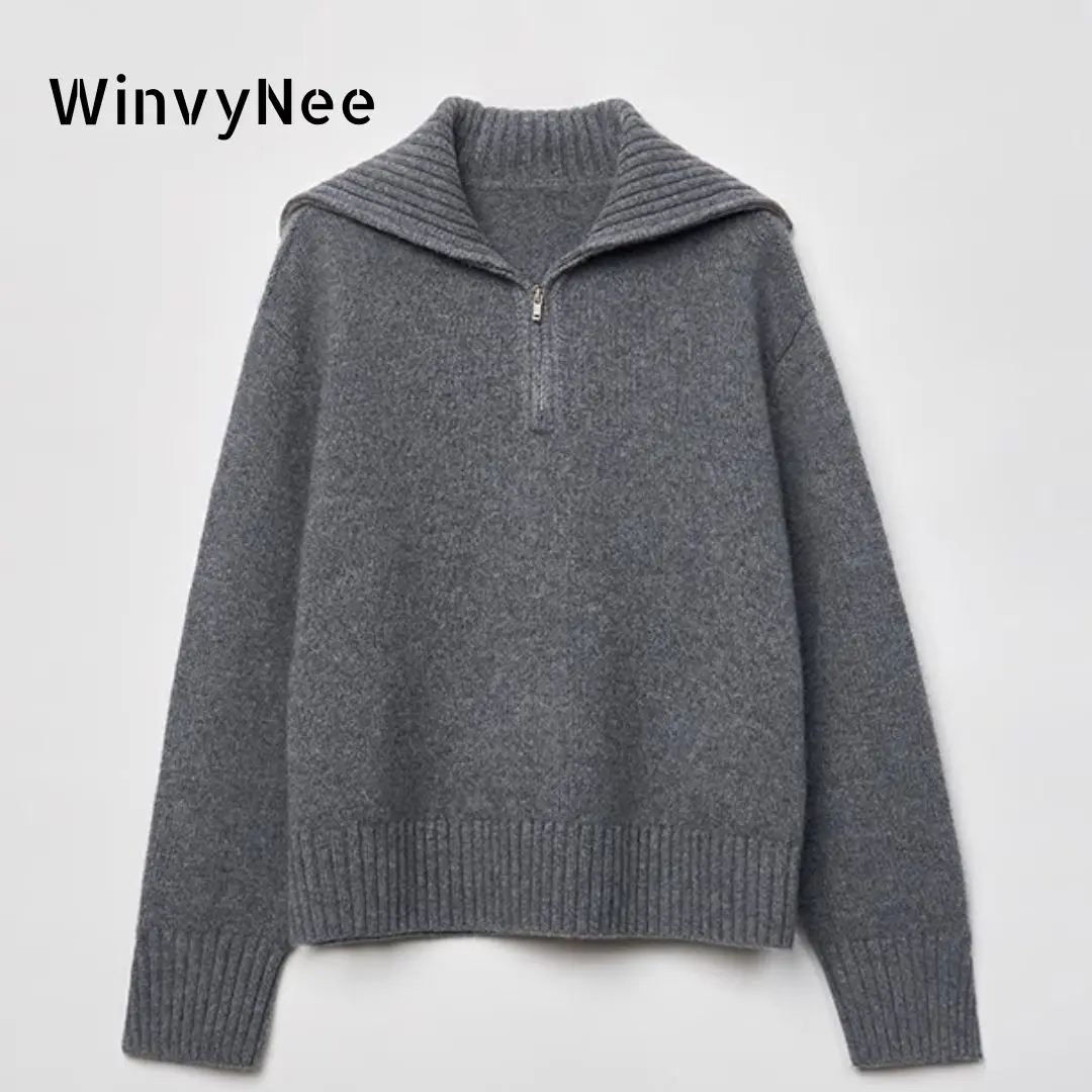 WinvyNee Women\'s Clothing Pure Wool Gray Sweaters Turtleneck Loose Casual Thick Warm Pullovers with Zip Jumpers Winter A1283001B