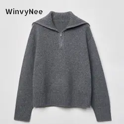 WinvyNee Women's Clothing Pure Wool Gray Sweaters Turtleneck Loose Casual Thick Warm Pullovers with Zip Jumpers Winter A1283001B