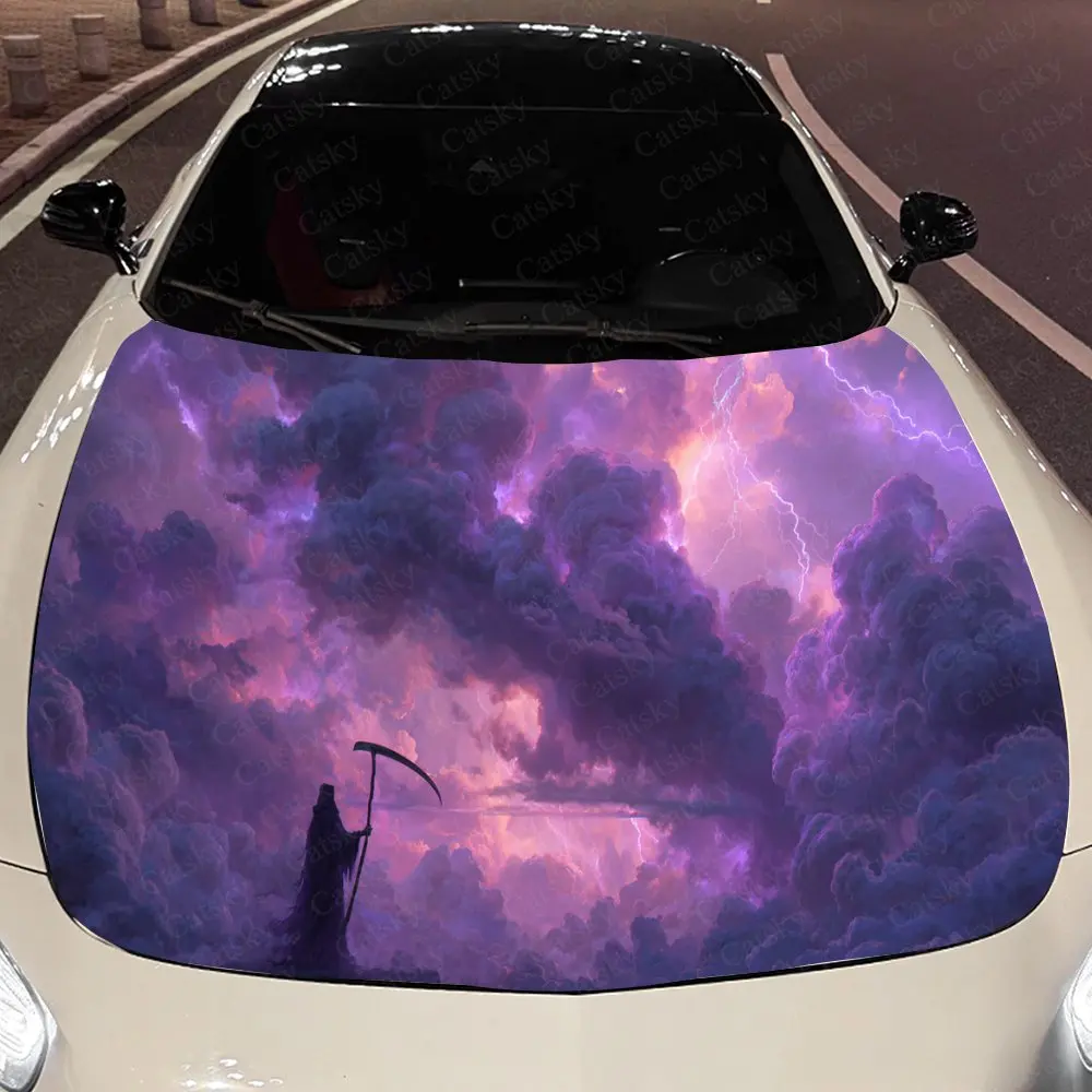 

Mysterious Purple Lightning Grim Reaper and Clouds Auto Cover Sticker, Waterproof and Self-adhesive Auto Hood Decal, Auto Vinyl