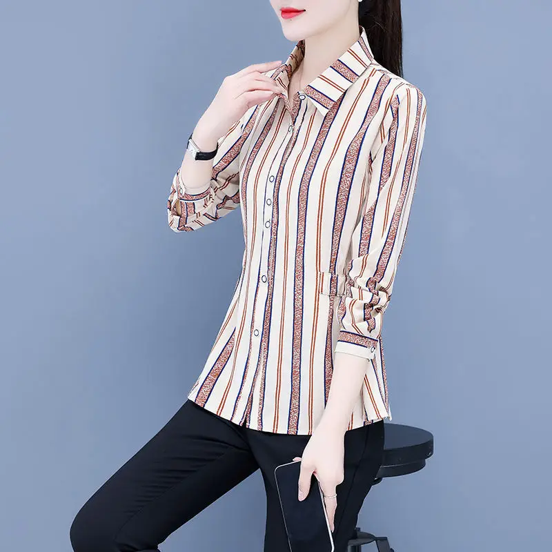 Striped All-match Fashion Women\'s Clothing 2023 Spring Long Sleeve Button Slim Tops Women New Elastic Waist Shirt