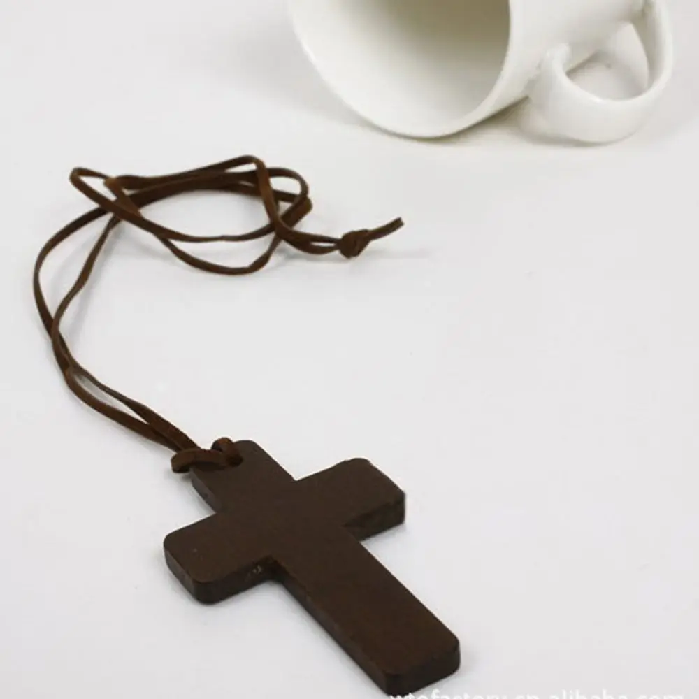 Ancient New Men Gift Brown Wooden Christian Leather Cord Necklace Jewelry Cross Pendant