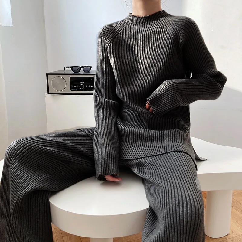 Two Piece Pant Sets Women Knit Thick Sweater Full Sleeve Stand Collar Casual Straight Trousers Solid Splice Autumn Winter