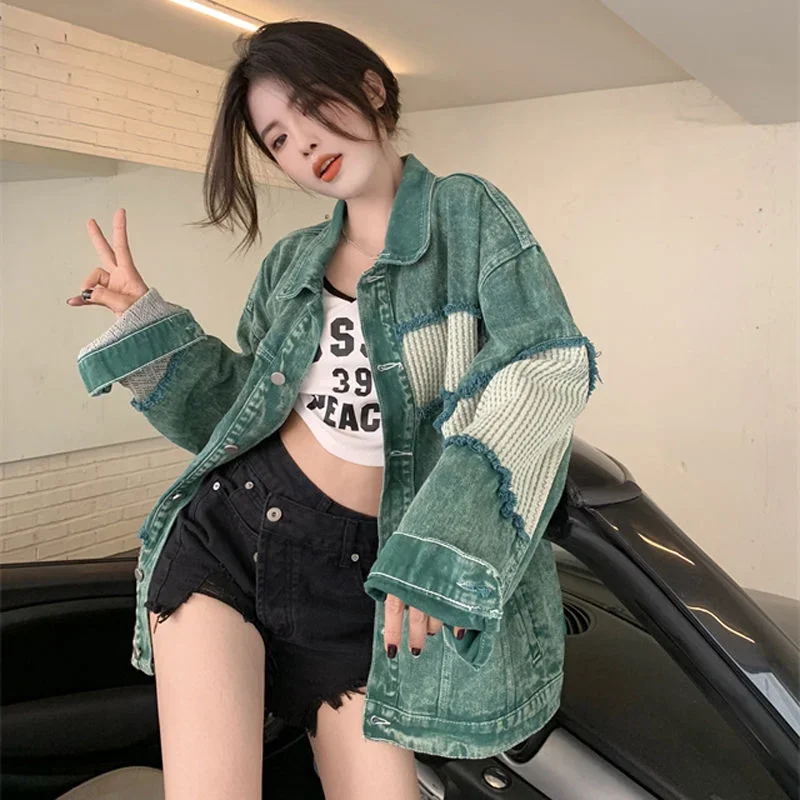 Hole Sale Spring Autumn Female Jeans Coat Patchwork Graphic Green Ripped Outerwears Long Trench Women\'s Denim Jackets with Print