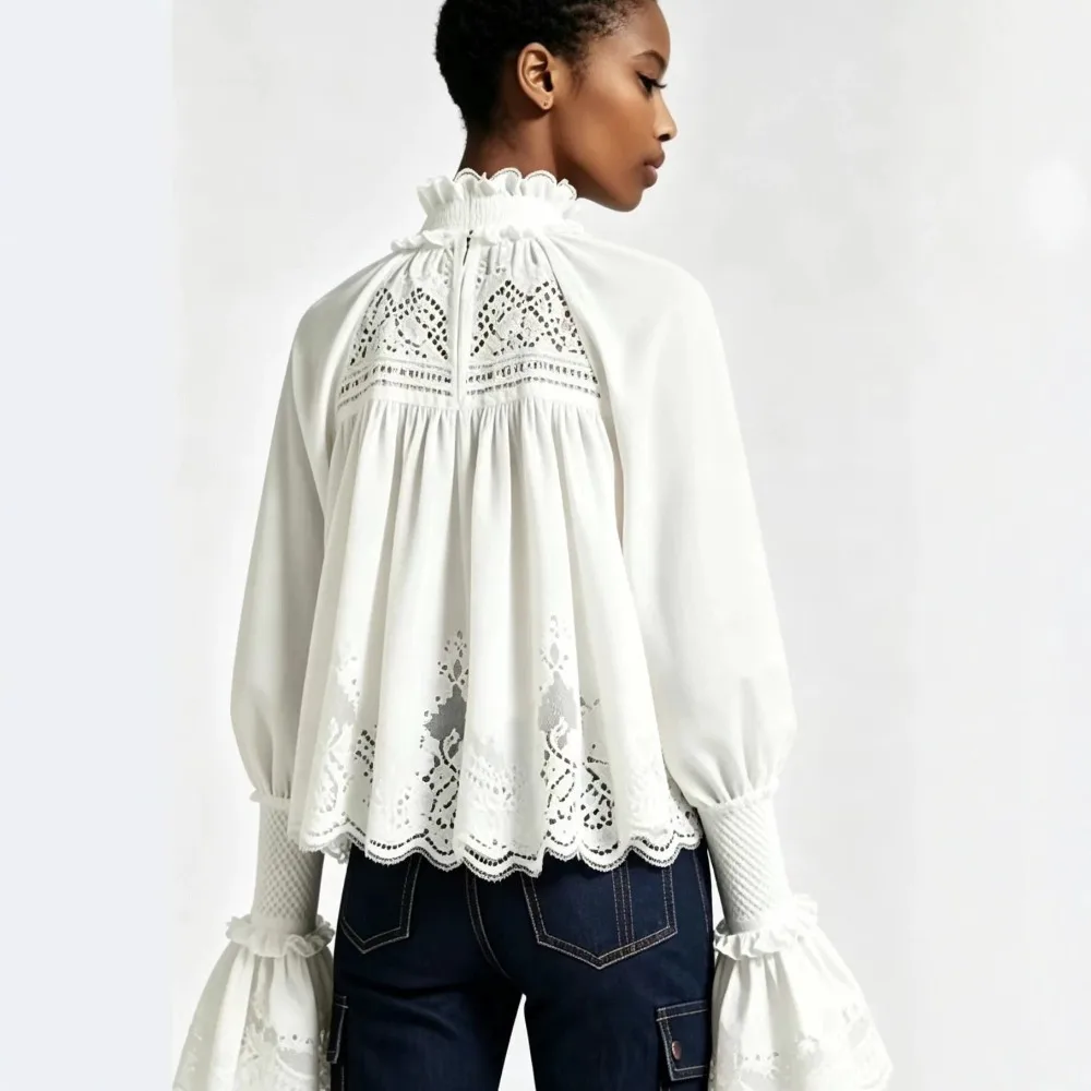 Customization Women's Vintage Hollow Lace Blouse Ruffled Collar Tie Front Puff Flare Sleeve Loose Cropped White Shirt For Daily