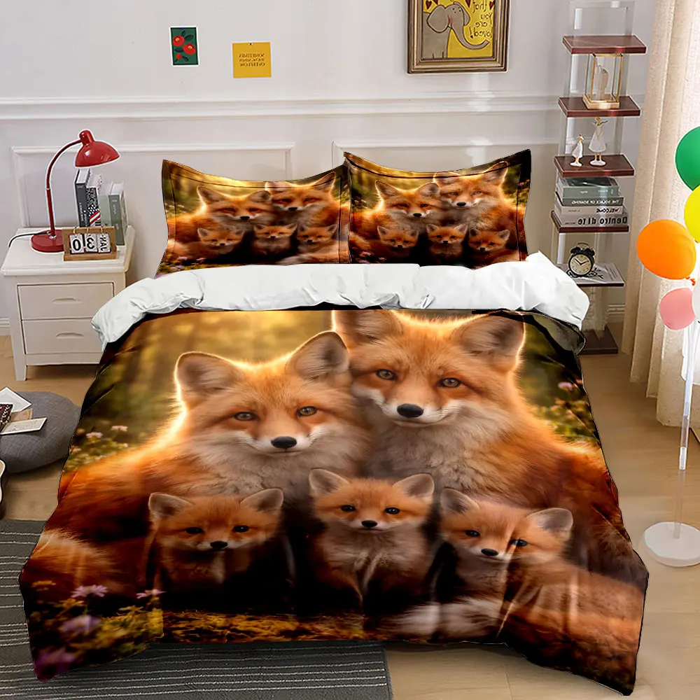 Fox family cuddling in warm forest Printed Duvet Cover Set1 Duvet Cover+2 PillowcaseMulti Size Bedroom Bedding Decor