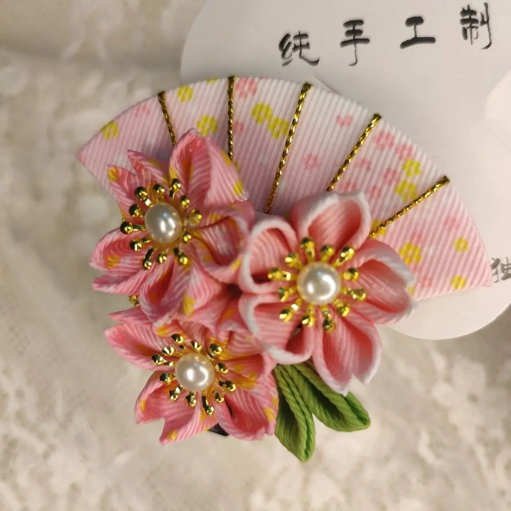 Sweet Tassels Tassel Fan Hairpin Flower Cloth Japanese Kimono Headwear Sakura Hanfu Fan Hair Clip Girls