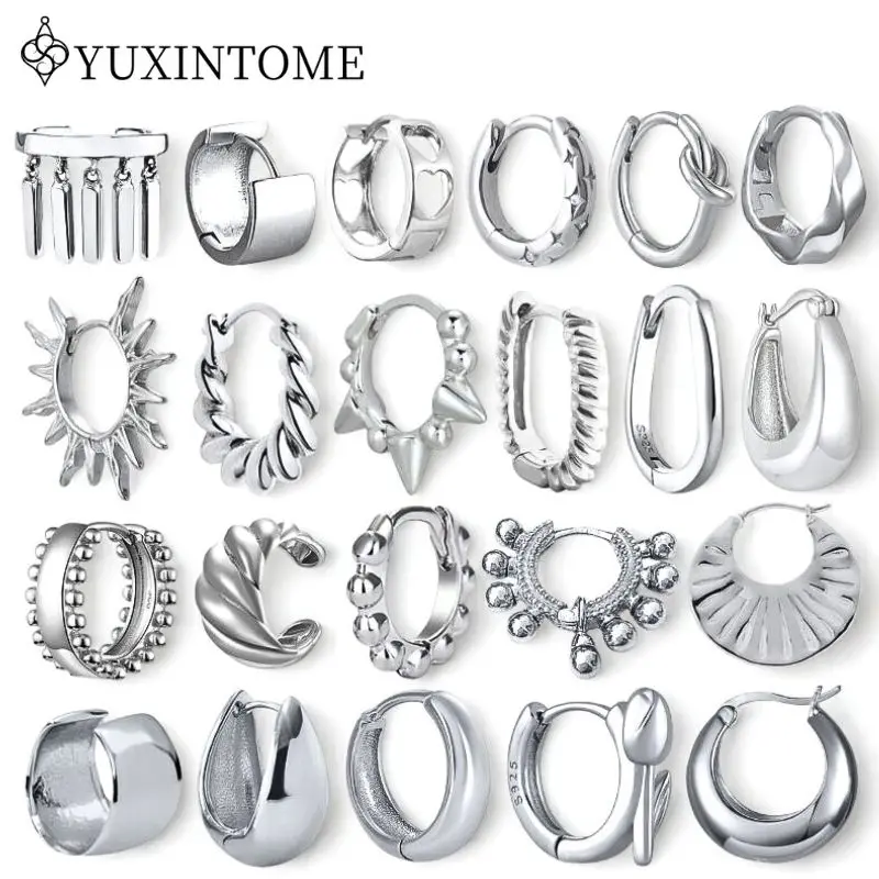 

Real 925 Sterling Silver Ear Needle Silver Cold Wind Simple Hoop Earrings For Women CZ Geometric Smooth Earrings Fashion Jewelry