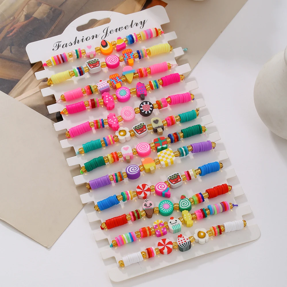 12Pc/s Simple and Cute Small Ice Cream Ice Cream Candy Polymer Clay Bracelet Color Children Adjustable Friendship Bracelet Gift